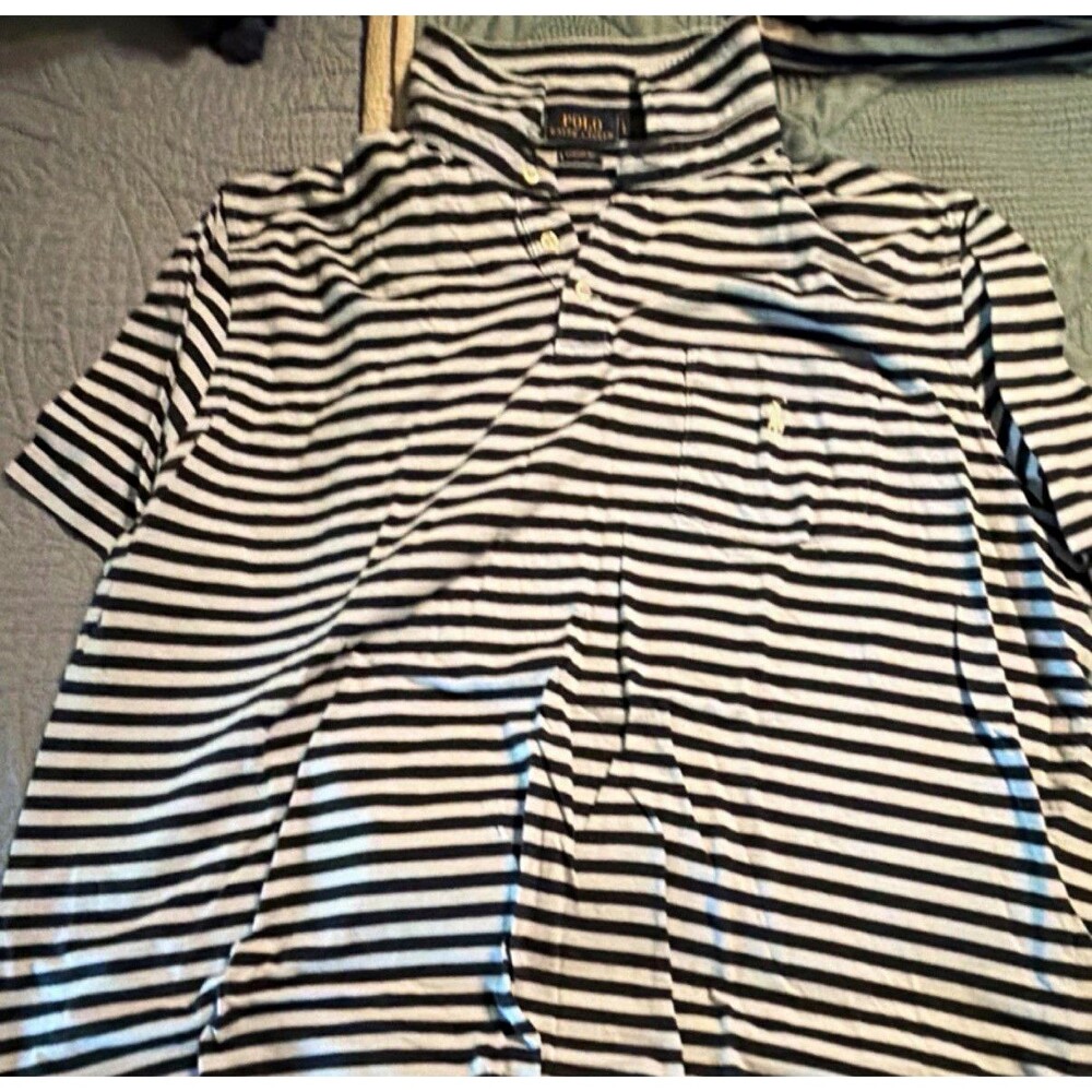 Polo Ralph Lauren Men's L Black/White Striped Cotton Polo SS Pocket Logo